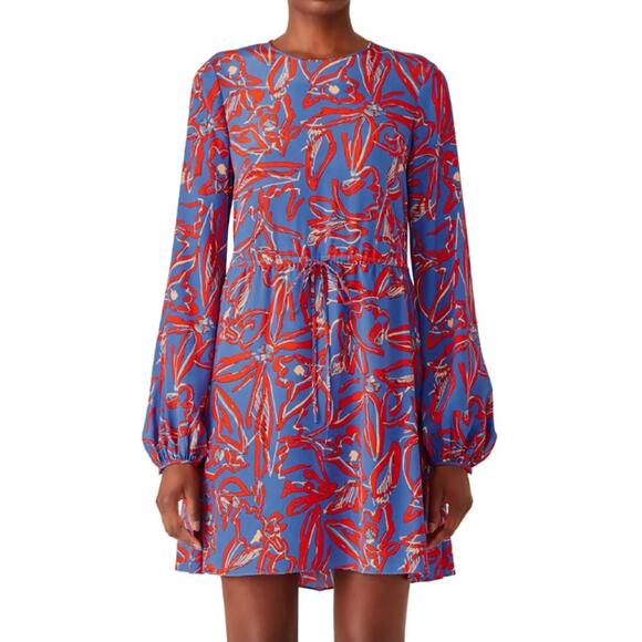 Diane Von Frurstenberg 100% Silk Dress Blue Red Floral Printed 12 Long Sleeve - Picture 1 of 11